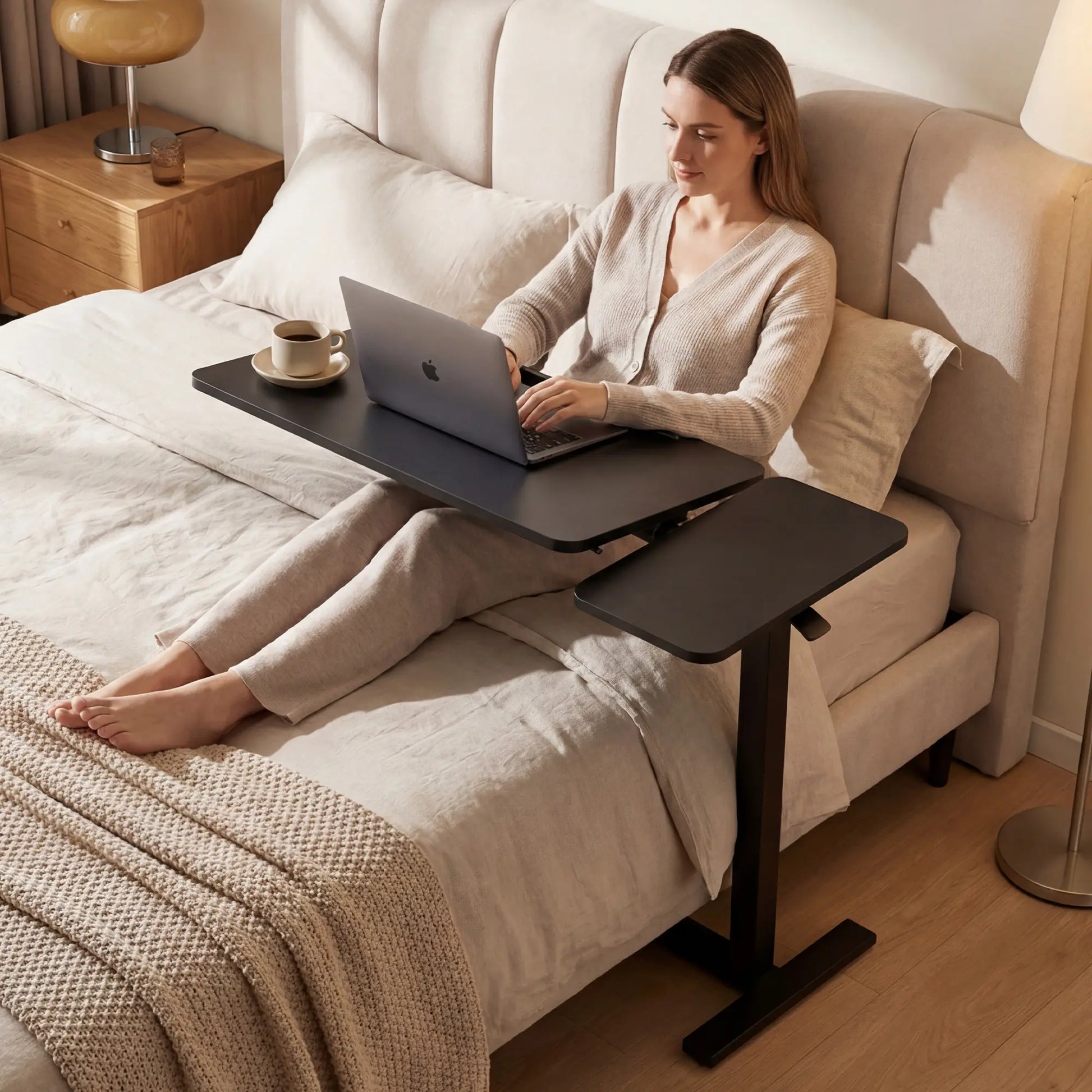 Overbed Bedside Table with Wheels, Adjustable Hospital & Home Use Bed Table, Rolling Laptop Table, Mobile Standing Desk, Bedside Table Nightstand, Indoor Side Table