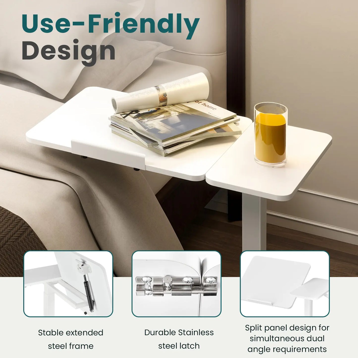 Overbed Bedside Table with Wheels, Adjustable Hospital & Home Use Bed Table, Rolling Laptop Table, Mobile Standing Desk, Bedside Table Nightstand, Indoor Side Table