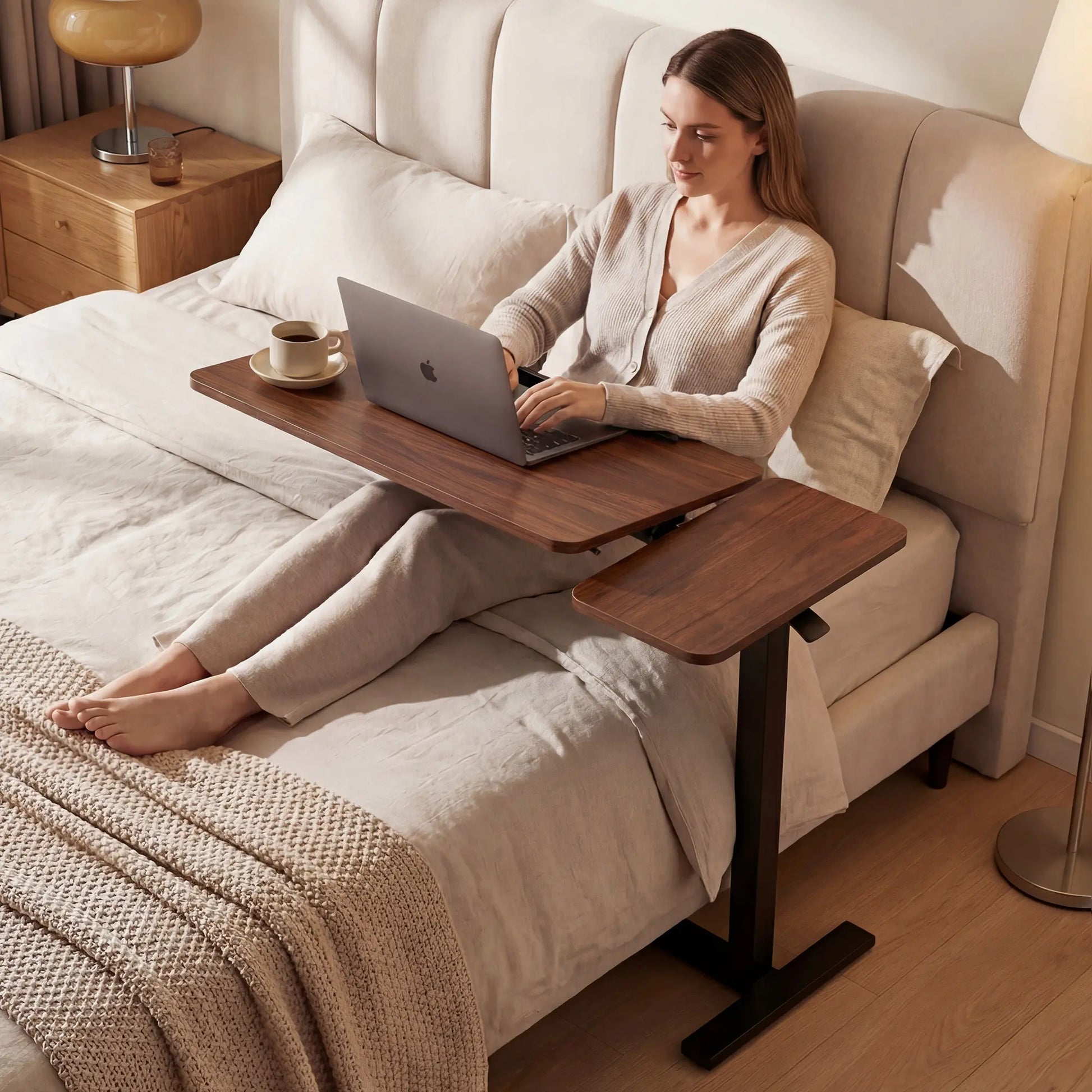 Overbed Bedside Table with Wheels, Adjustable Hospital & Home Use Bed Table, Rolling Laptop Table, Mobile Standing Desk, Bedside Table Nightstand, Indoor Side Table