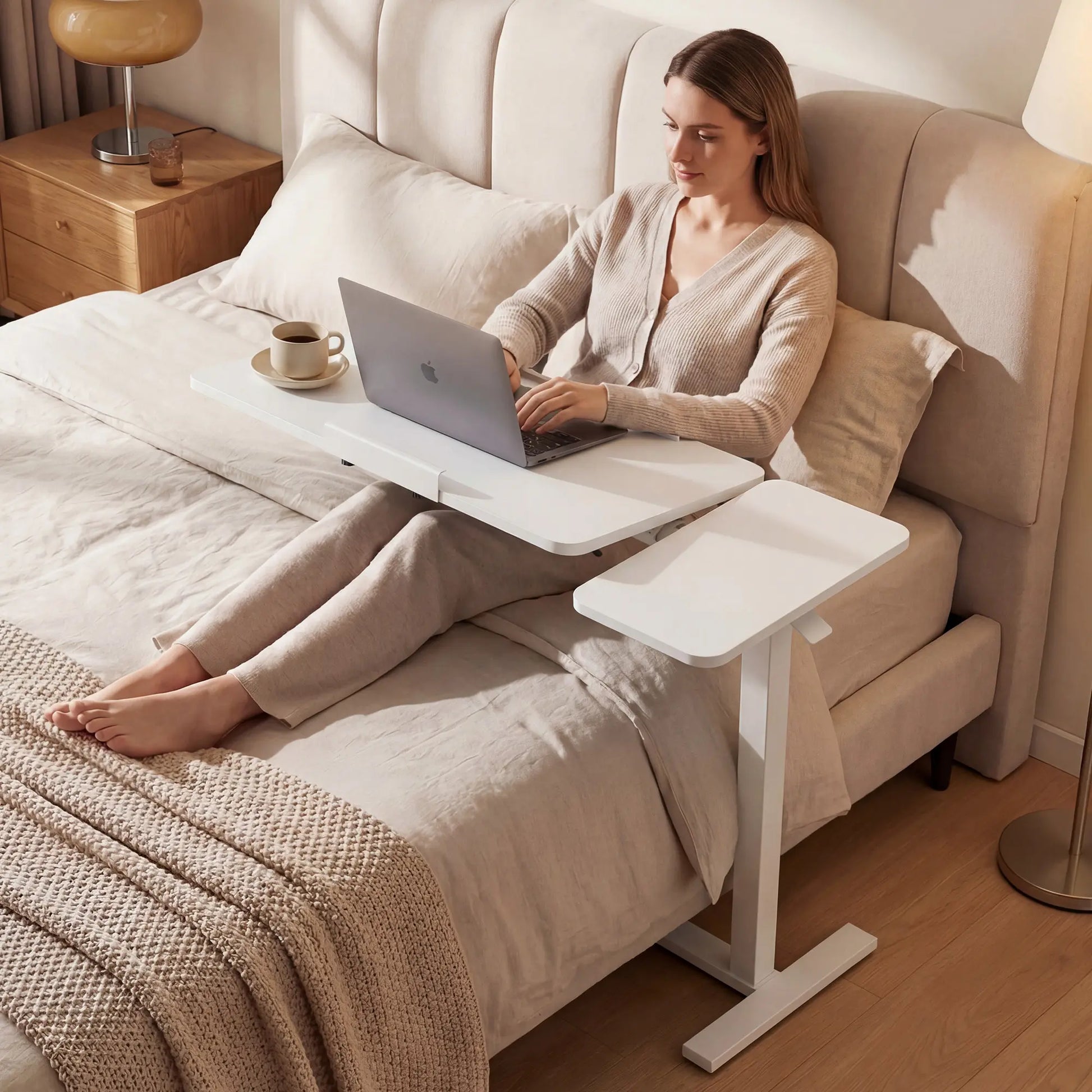 Overbed Bedside Table with Wheels, Adjustable Hospital & Home Use Bed Table, Rolling Laptop Table, Mobile Standing Desk, Bedside Table Nightstand, Indoor Side Table